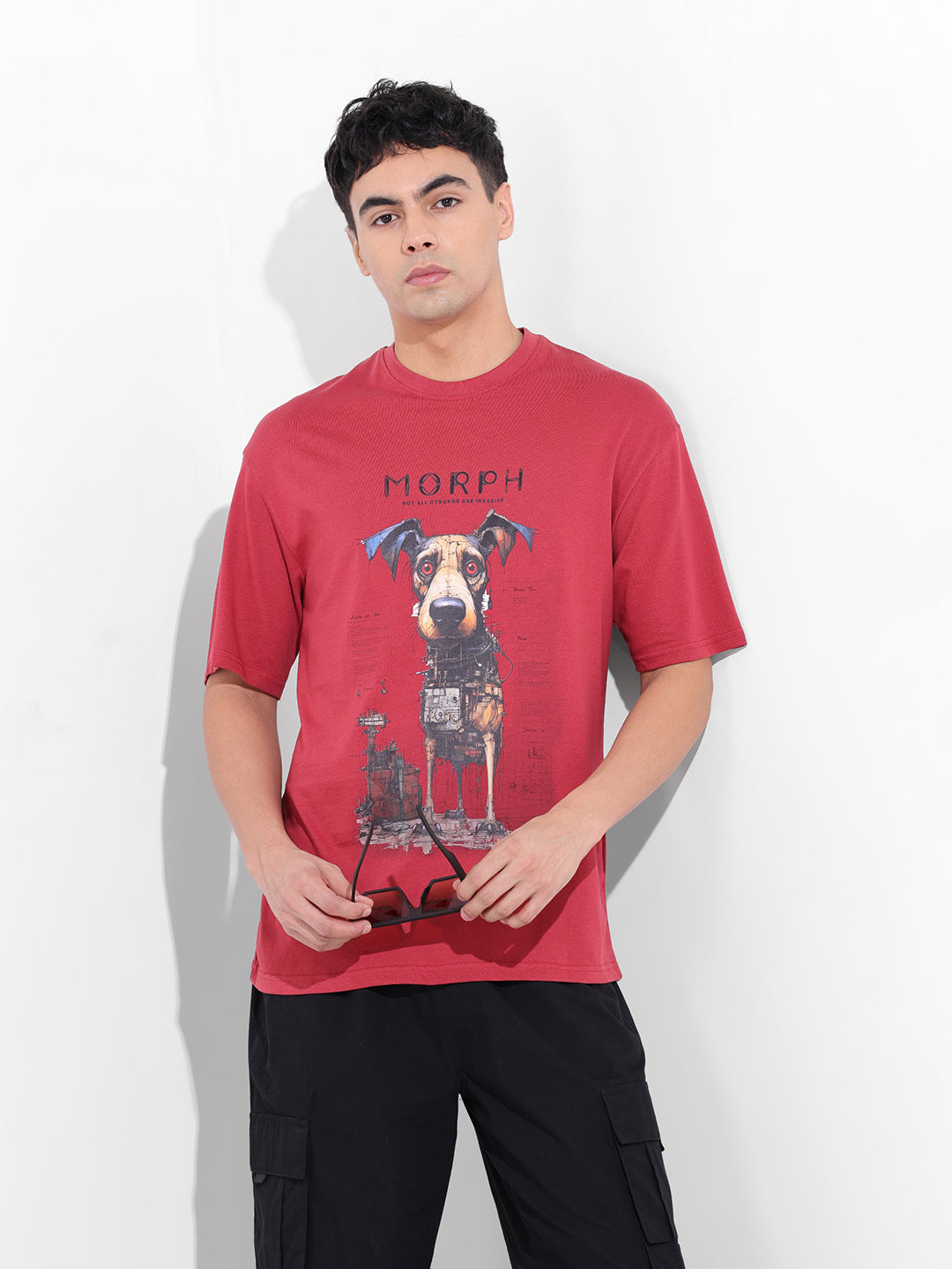Men's Red Boxy Oversized Placement Print Round Neck T-shirt