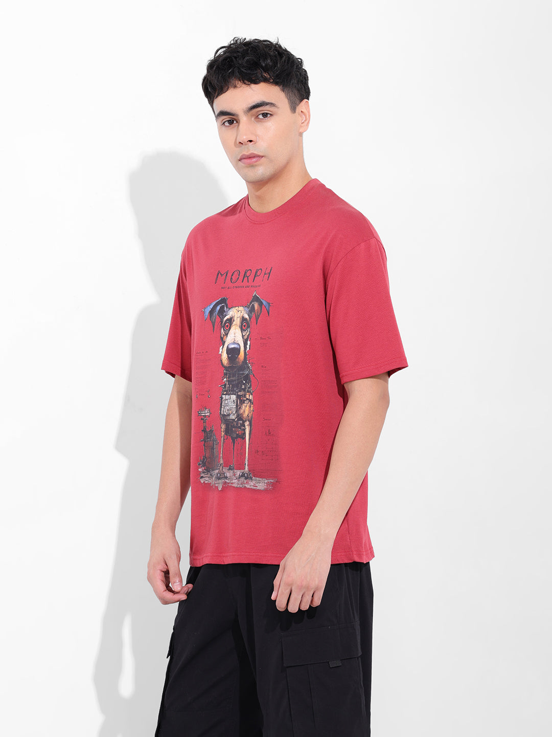 Men's Red Boxy Oversized Placement Print Round Neck T-shirt