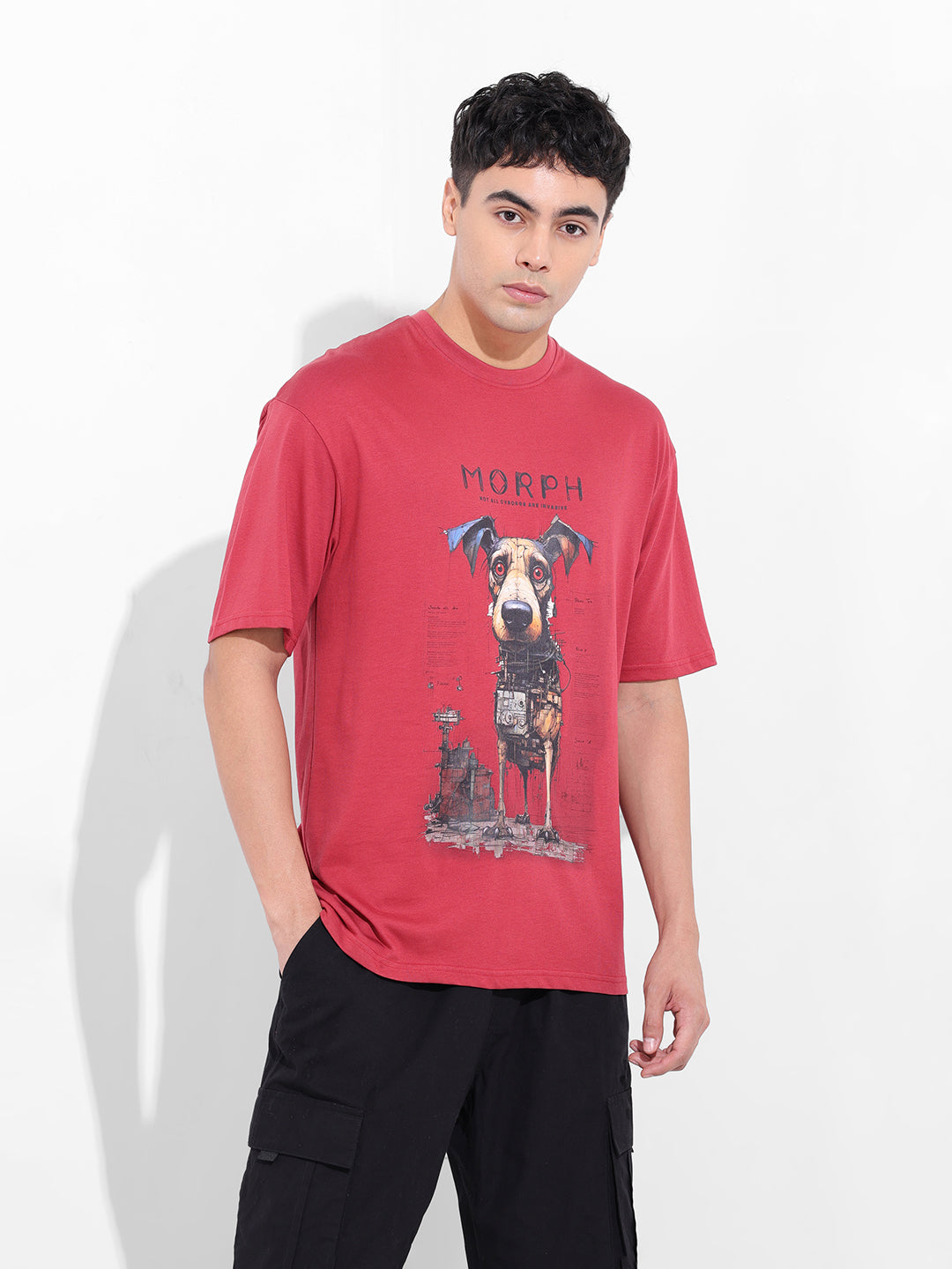 Men's Red Boxy Oversized Placement Print Round Neck T-shirt