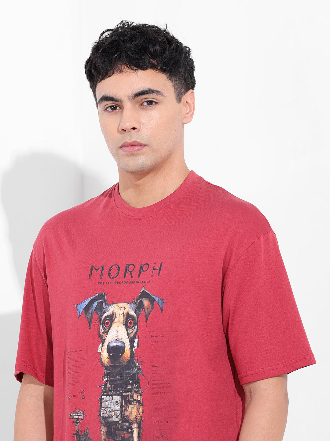 Men's Red Boxy Oversized Placement Print Round Neck T-shirt