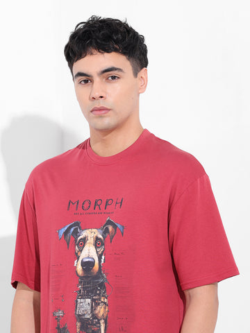 Men's Red Boxy Oversized Placement Print Round Neck T-shirt