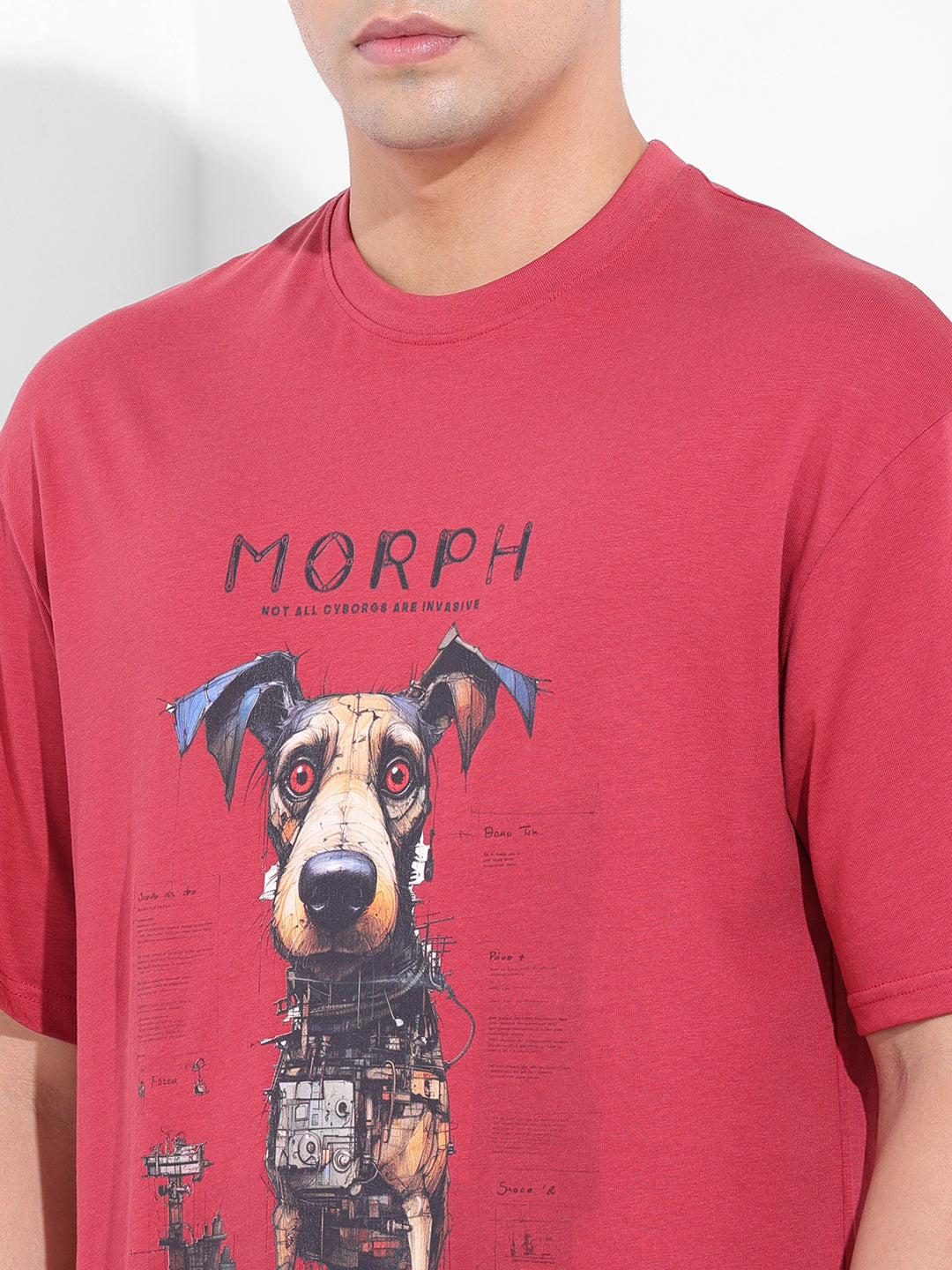 Men's Red Boxy Oversized Placement Print Round Neck T-shirt