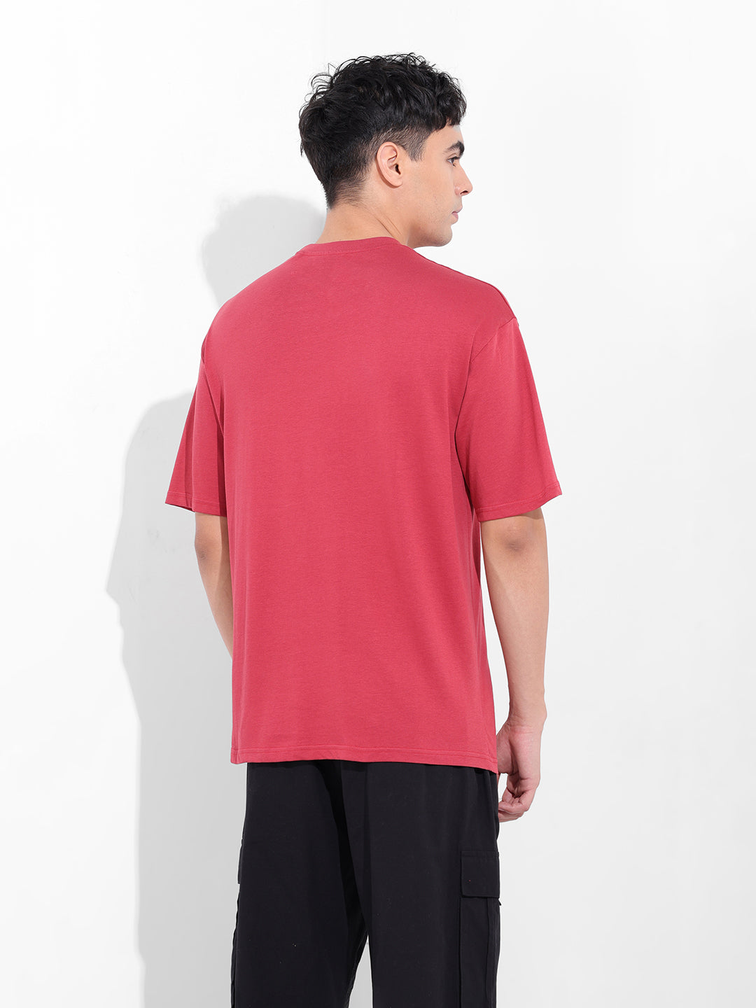 Men's Red Boxy Oversized Placement Print Round Neck T-shirt