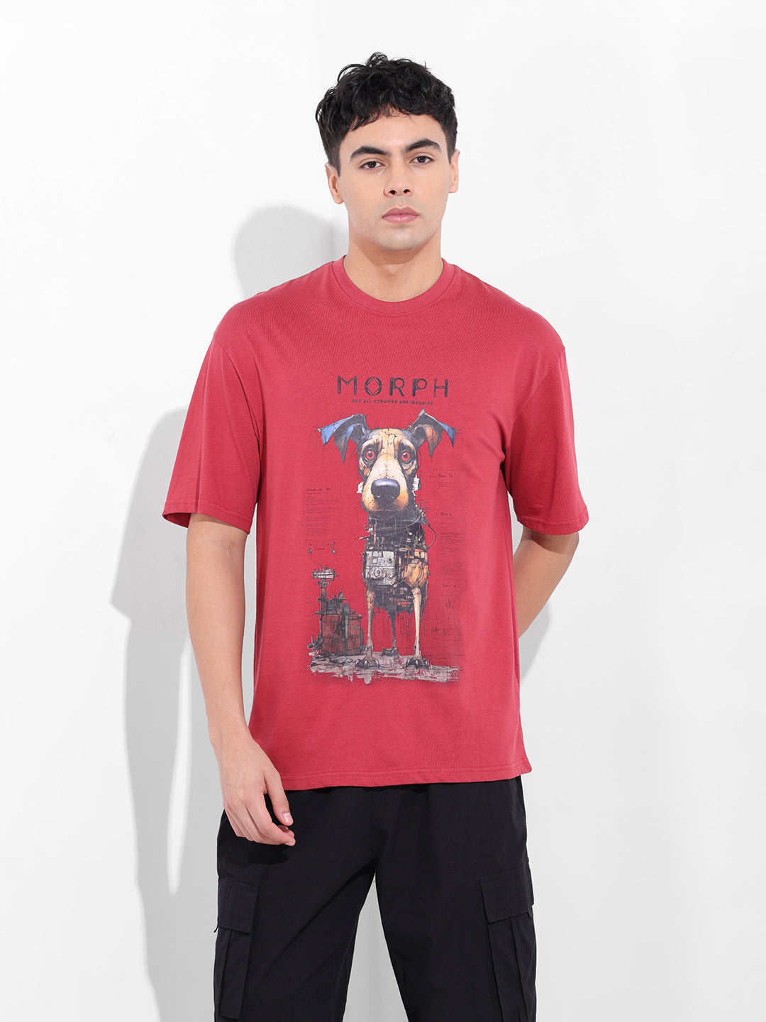 Men's Red Boxy Oversized Placement Print Round Neck T-shirt