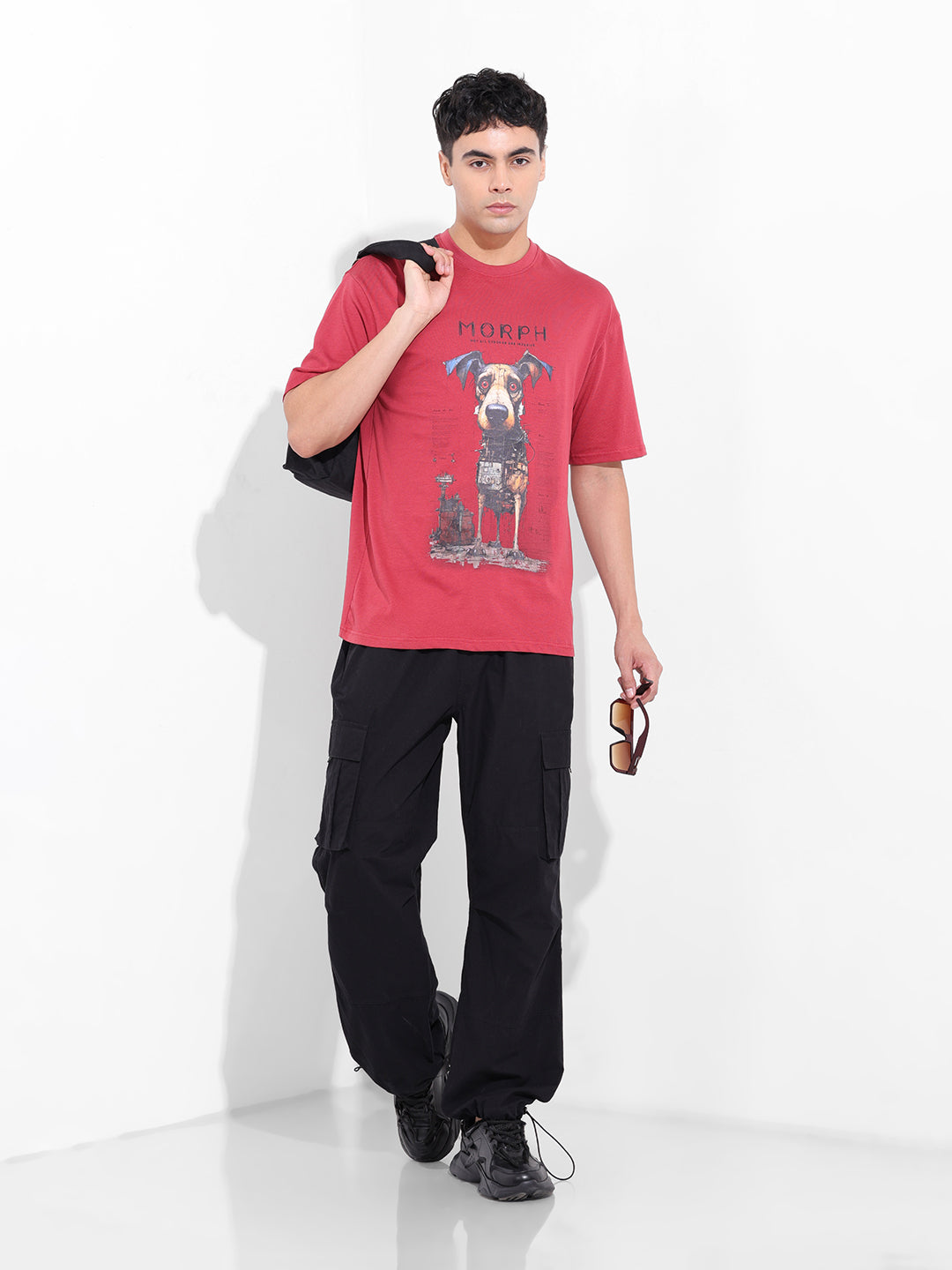 Men's Red Boxy Oversized Placement Print Round Neck T-shirt
