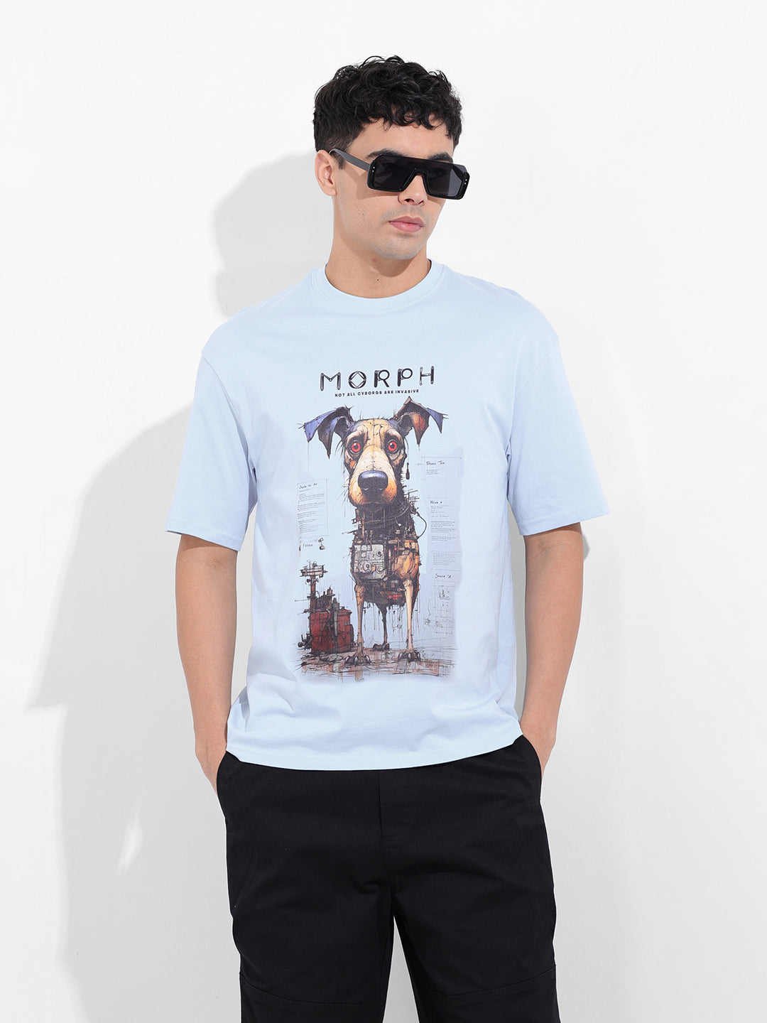 Men's Blue Boxy Oversized Placement Print Round Neck T-shirt
