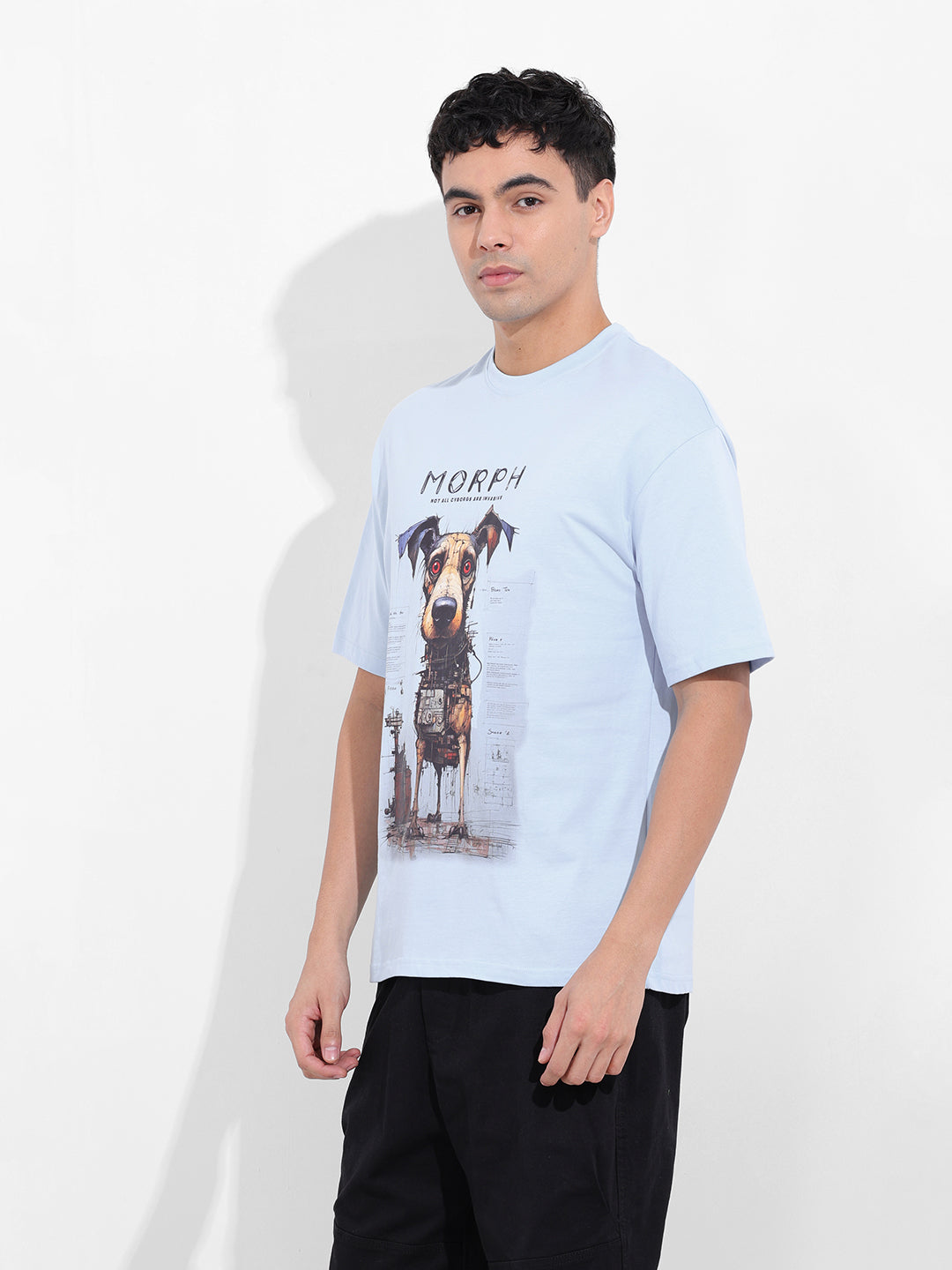 Men's Blue Boxy Oversized Placement Print Round Neck T-shirt