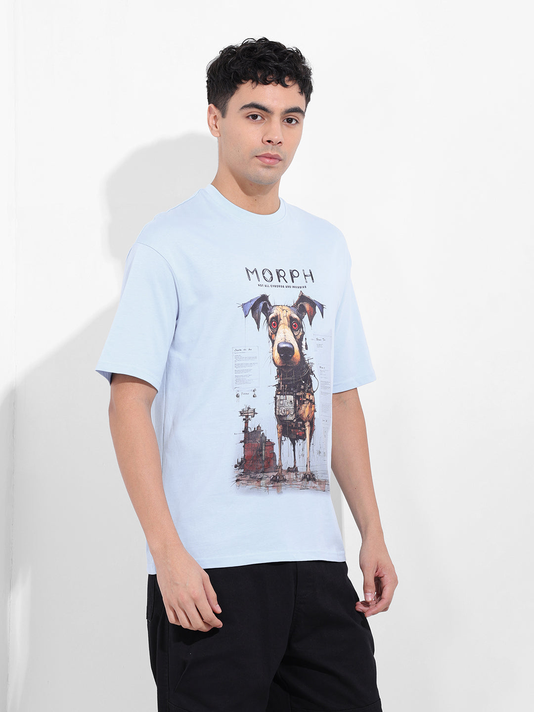 Men's Blue Boxy Oversized Placement Print Round Neck T-shirt