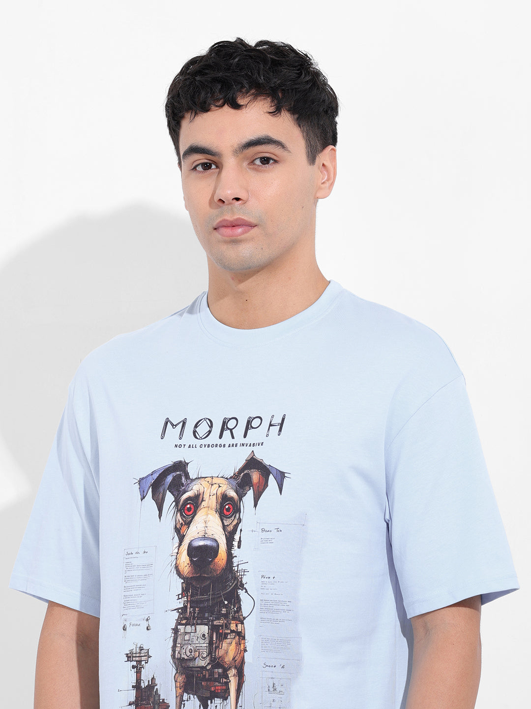 Men's Blue Boxy Oversized Placement Print Round Neck T-shirt