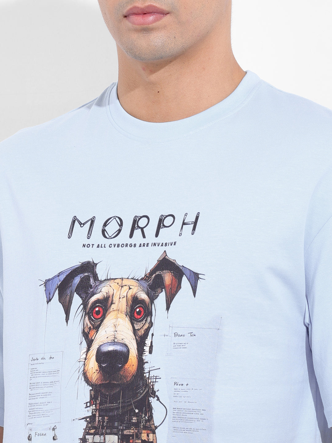 Men's Blue Boxy Oversized Placement Print Round Neck T-shirt