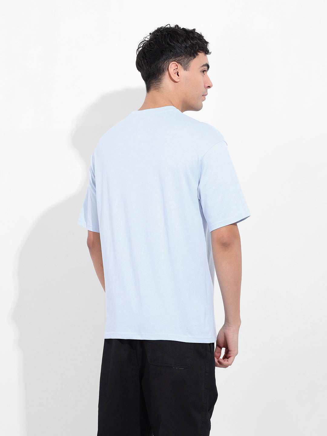 Men's Blue Boxy Oversized Placement Print Round Neck T-shirt