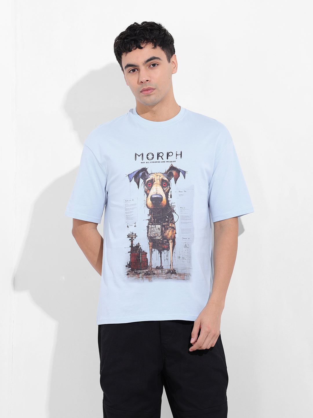 Men's Blue Boxy Oversized Placement Print Round Neck T-shirt