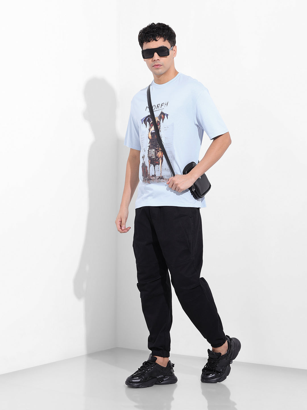 Men's Blue Boxy Oversized Placement Print Round Neck T-shirt