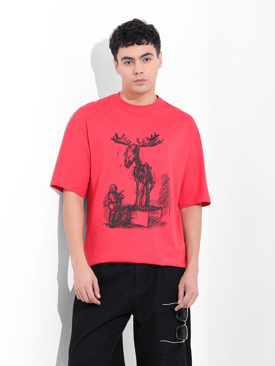 Men's Red Oversized Placement Print Round Neck T-shirt