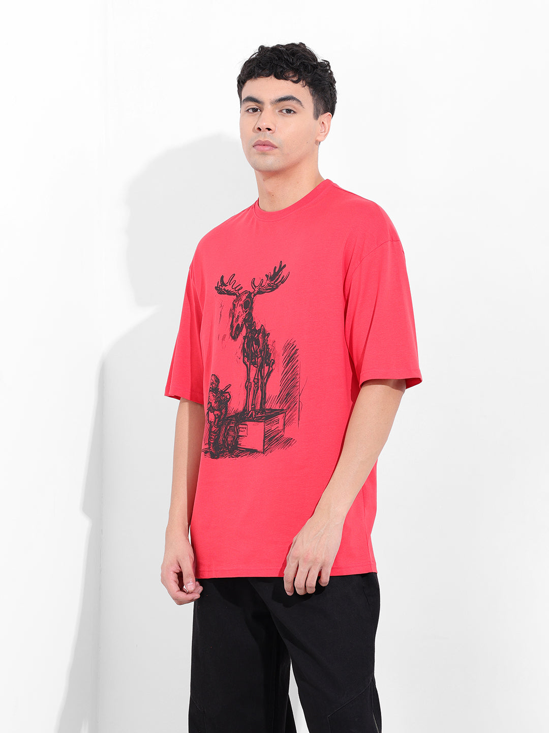 Men's Red Oversized Placement Print Round Neck T-shirt