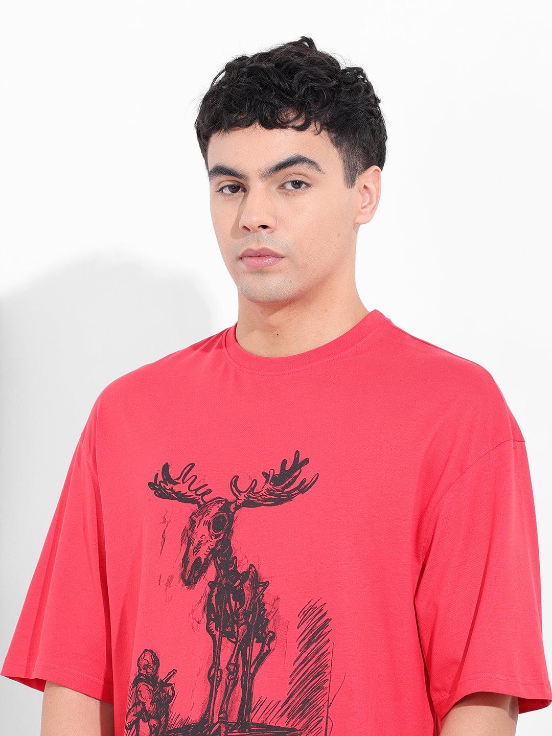 Men's Red Oversized Placement Print Round Neck T-shirt