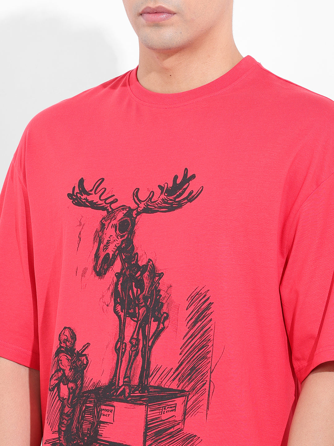 Men's Red Oversized Placement Print Round Neck T-shirt