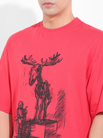 Men's Red Oversized Placement Print Round Neck T-shirt