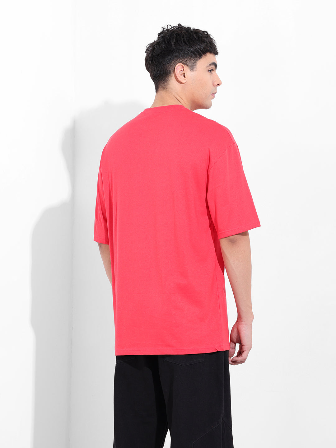Men's Red Oversized Placement Print Round Neck T-shirt