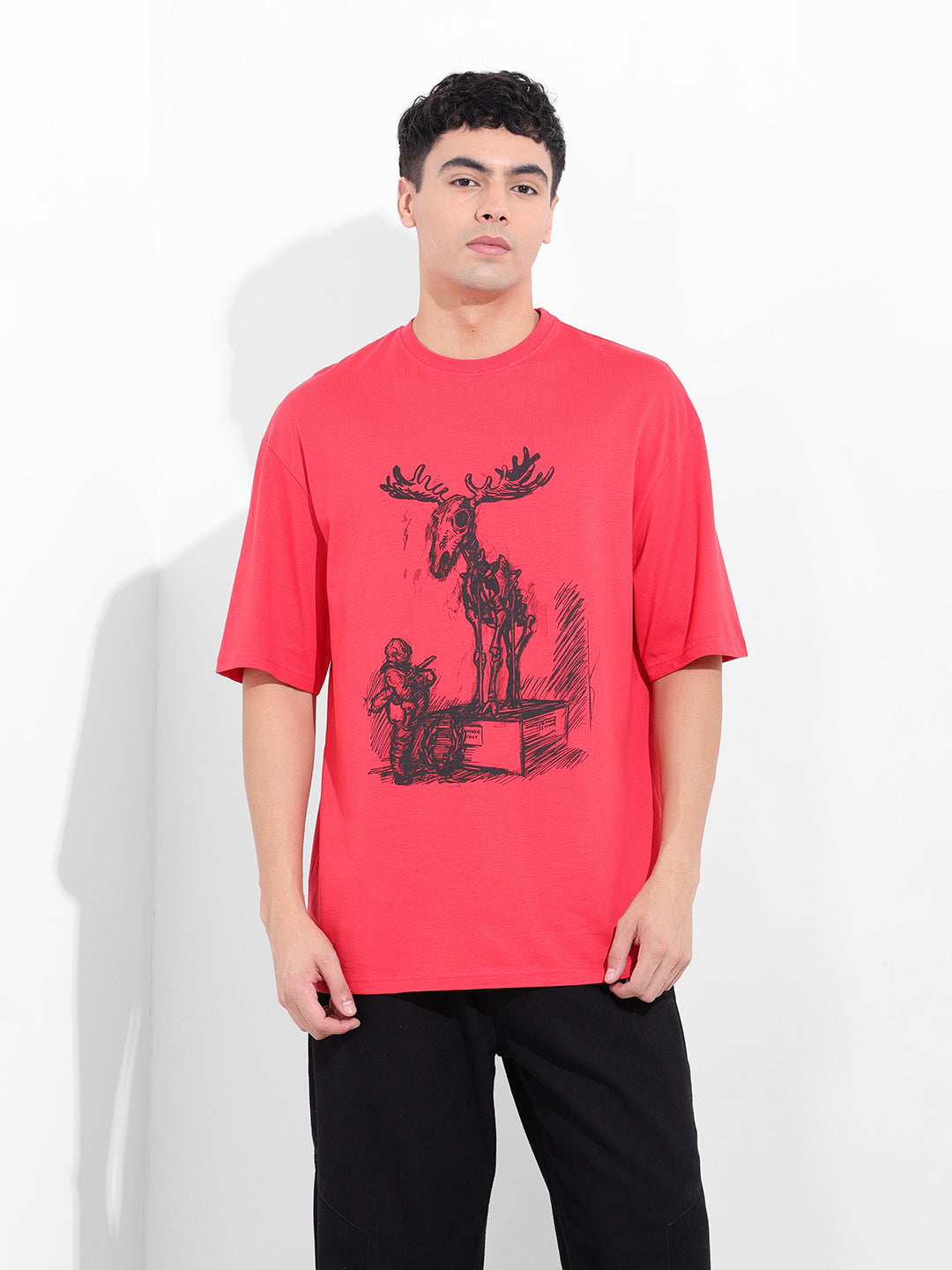 Men's Red Oversized Placement Print Round Neck T-shirt