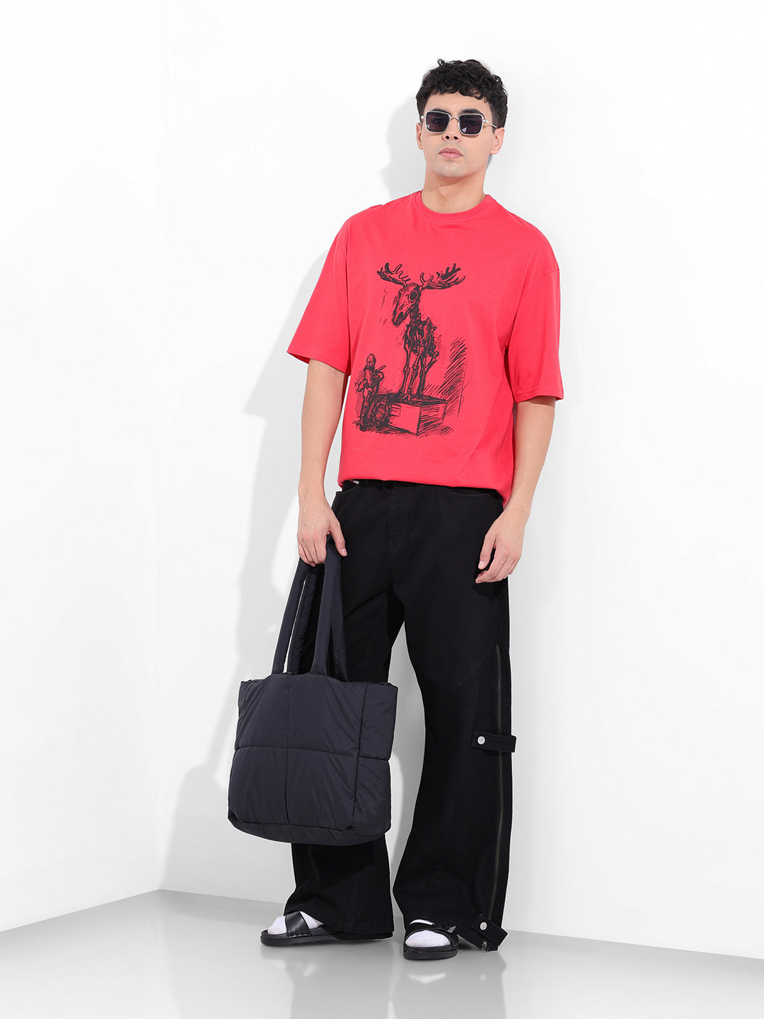 Men's Red Oversized Placement Print Round Neck T-shirt