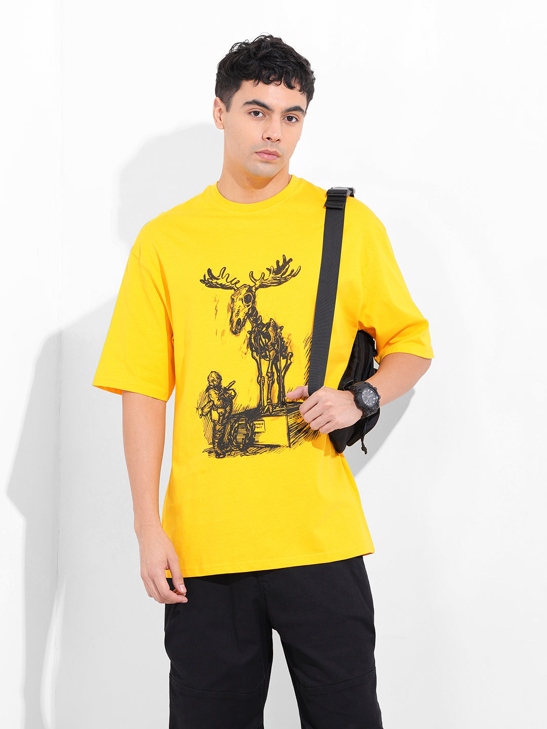 Men's Yellow Oversized Placement Print Round Neck T-shirt