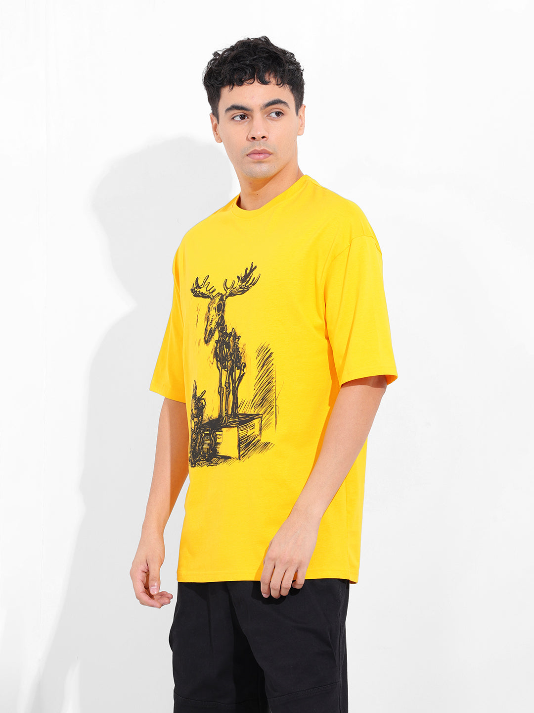 Men's Yellow Oversized Placement Print Round Neck T-shirt