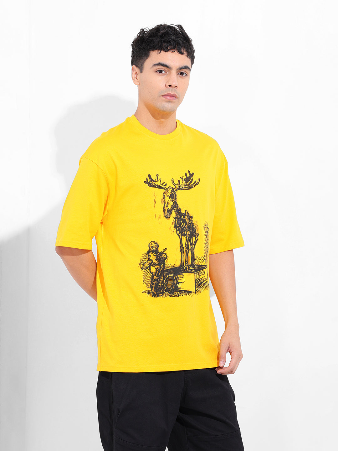 Men's Yellow Oversized Placement Print Round Neck T-shirt