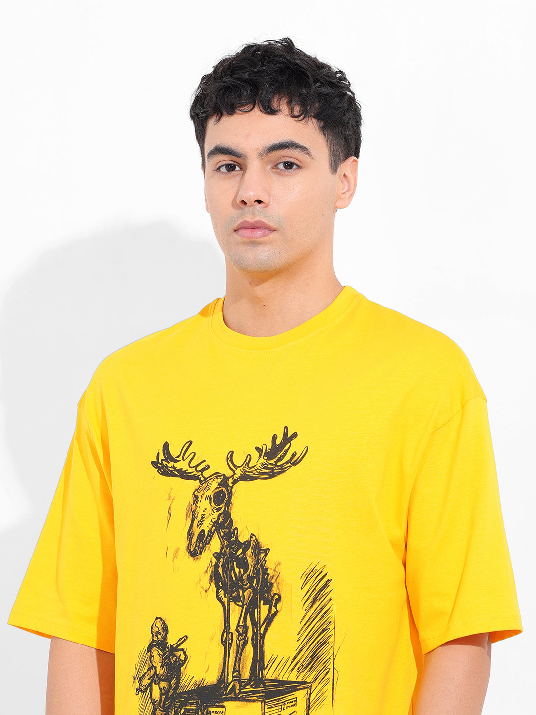 Men's Yellow Oversized Placement Print Round Neck T-shirt