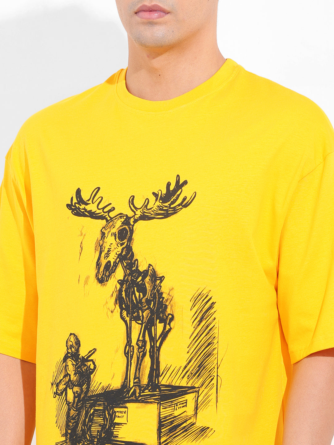 Men's Yellow Oversized Placement Print Round Neck T-shirt