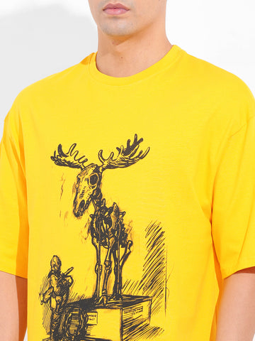 Men's Yellow Oversized Placement Print Round Neck T-shirt