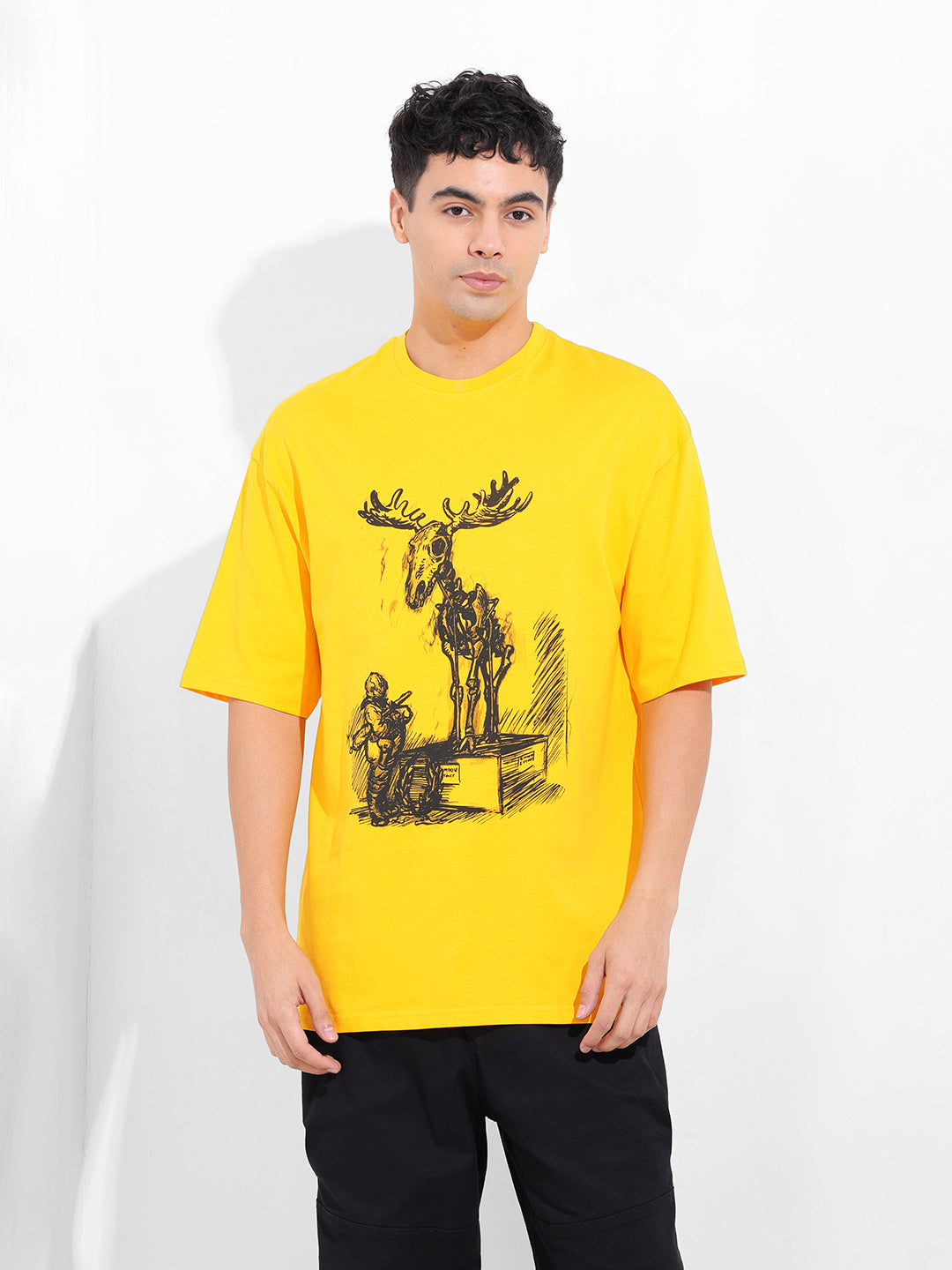 Men's Yellow Oversized Placement Print Round Neck T-shirt