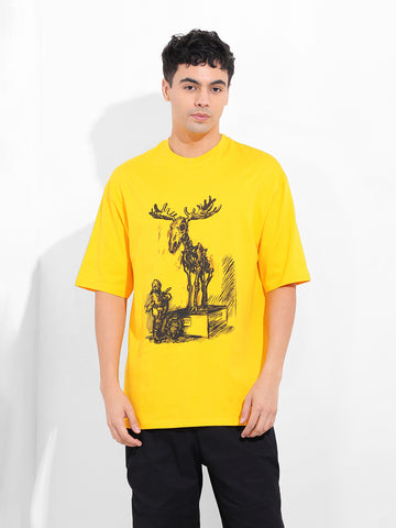 Men's Yellow Oversized Placement Print Round Neck T-shirt