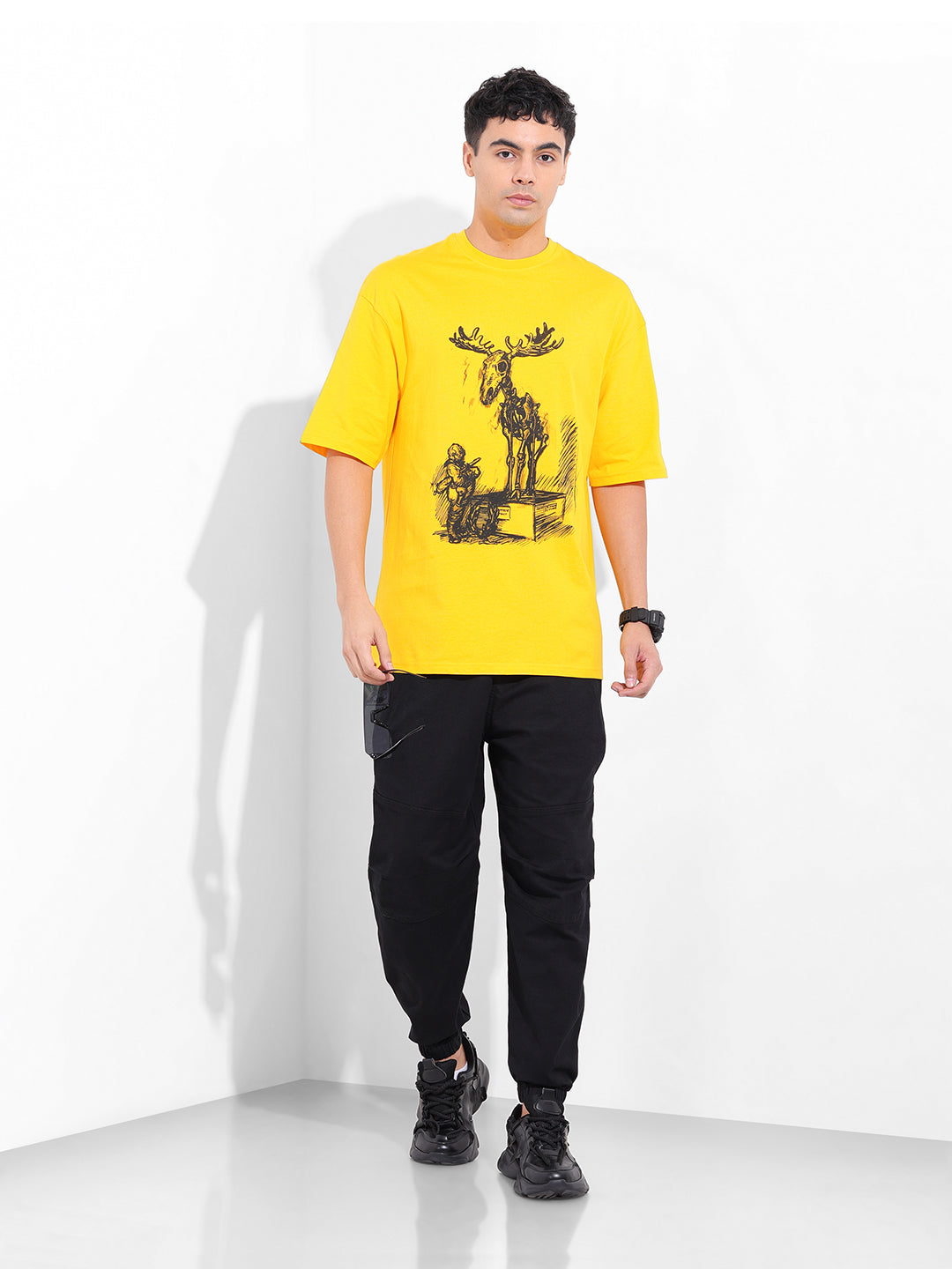 Men's Yellow Oversized Placement Print Round Neck T-shirt