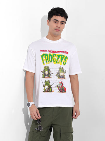 Men's White Boxy Oversized Graphic Back Printed Round Neck T-shirt