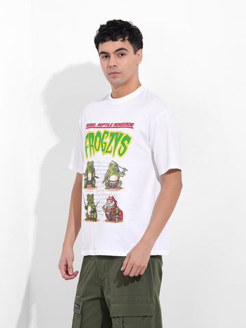 Men's White Boxy Oversized Graphic Back Printed Round Neck T-shirt
