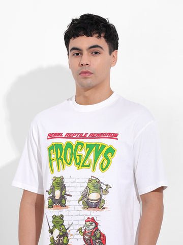 Men's White Boxy Oversized Graphic Back Printed Round Neck T-shirt