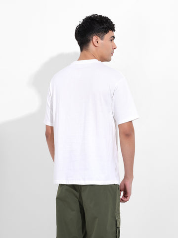 Men's White Boxy Oversized Graphic Back Printed Round Neck T-shirt