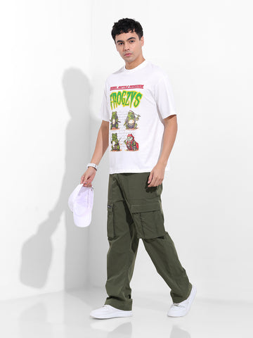 Men's White Boxy Oversized Graphic Back Printed Round Neck T-shirt