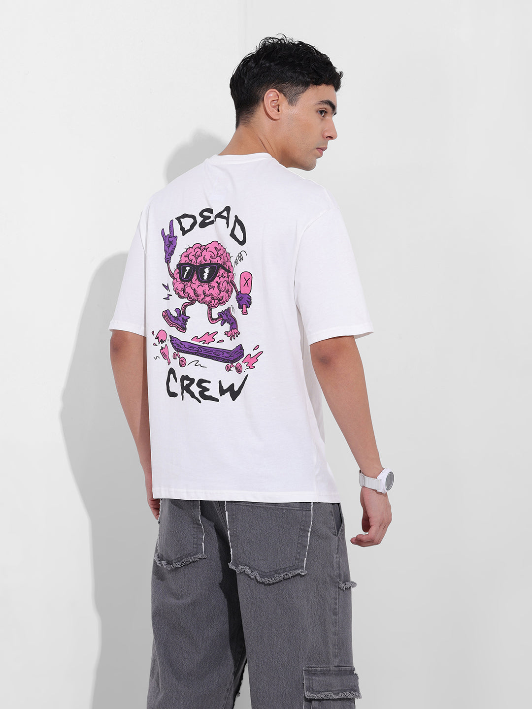 Men's White Boxy Oversized Graphic Back Printed Round Neck T-shirt