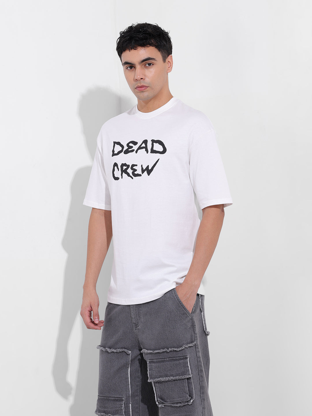 Men's White Boxy Oversized Graphic Back Printed Round Neck T-shirt