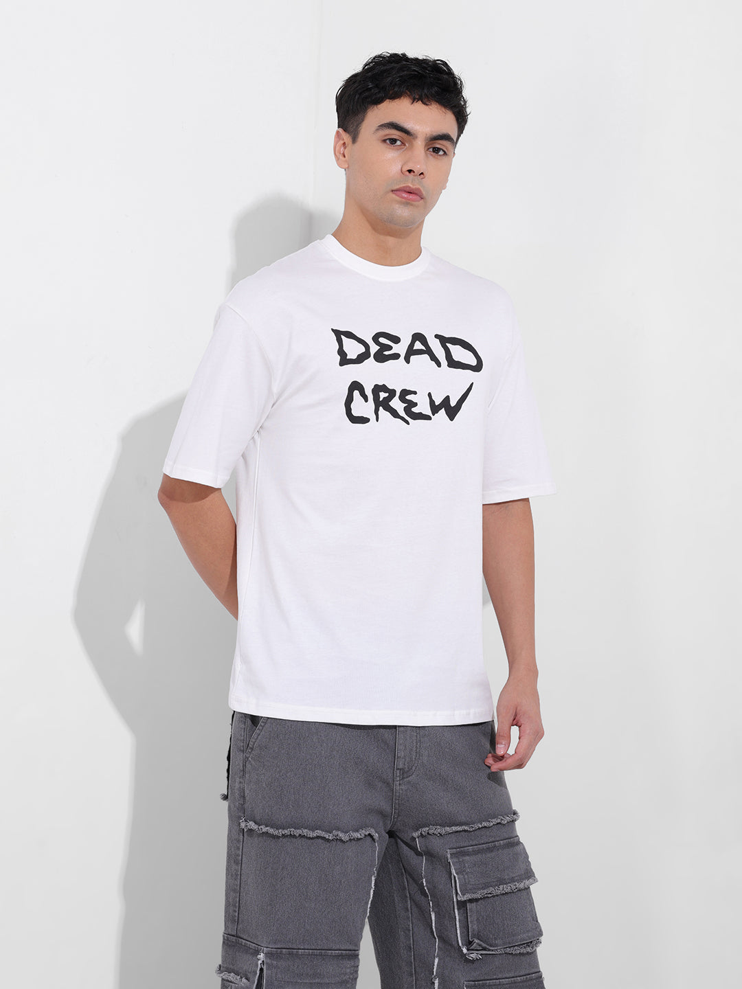 Men's White Boxy Oversized Graphic Back Printed Round Neck T-shirt