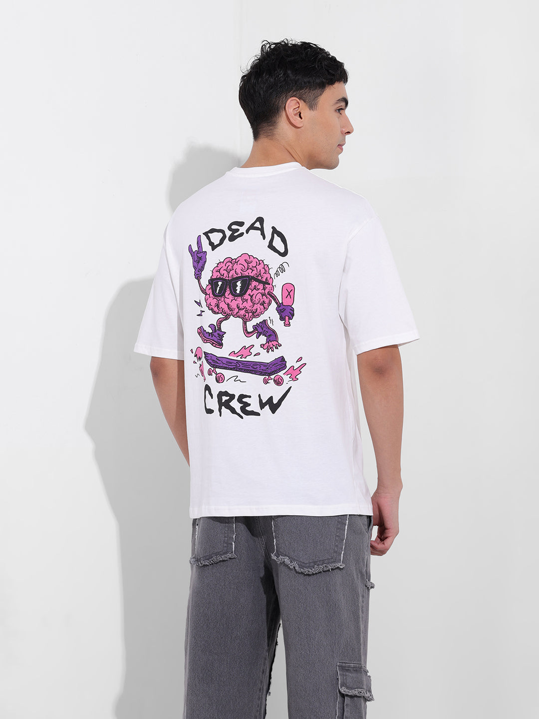Men's White Boxy Oversized Graphic Back Printed Round Neck T-shirt