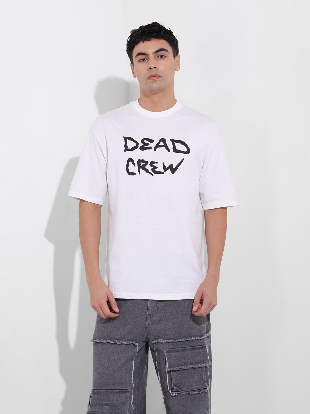 Men's White Boxy Oversized Graphic Back Printed Round Neck T-shirt