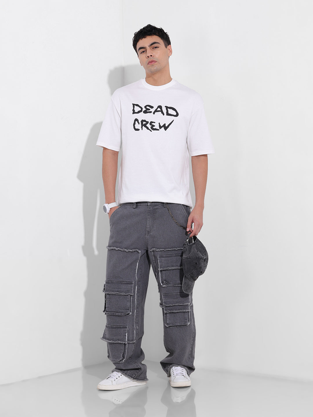 Men's White Boxy Oversized Graphic Back Printed Round Neck T-shirt