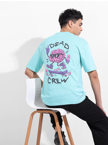 Men's Blue Boxy Oversized Graphic Back Printed Round Neck T-shirt