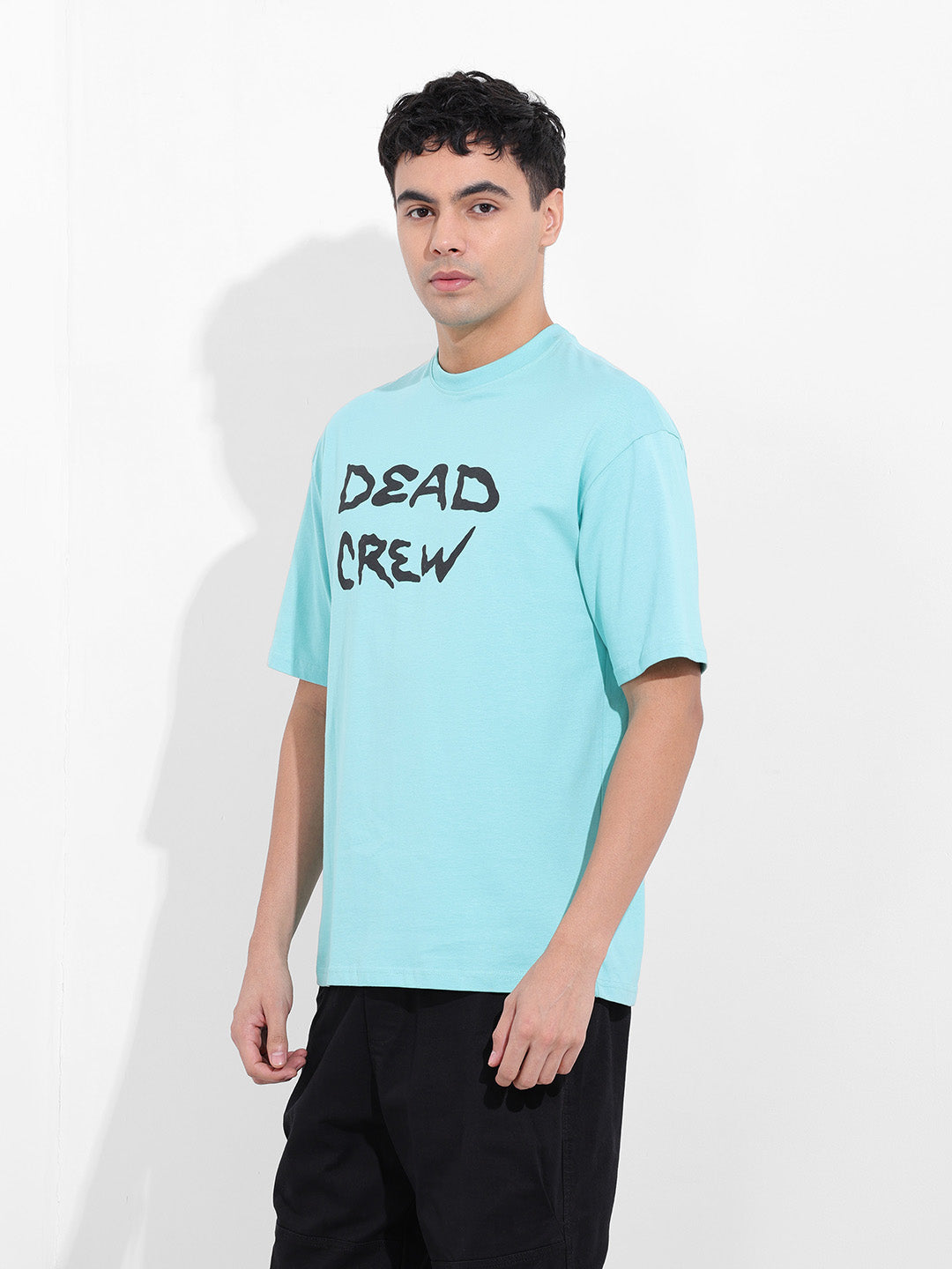 Men's Blue Boxy Oversized Graphic Back Printed Round Neck T-shirt