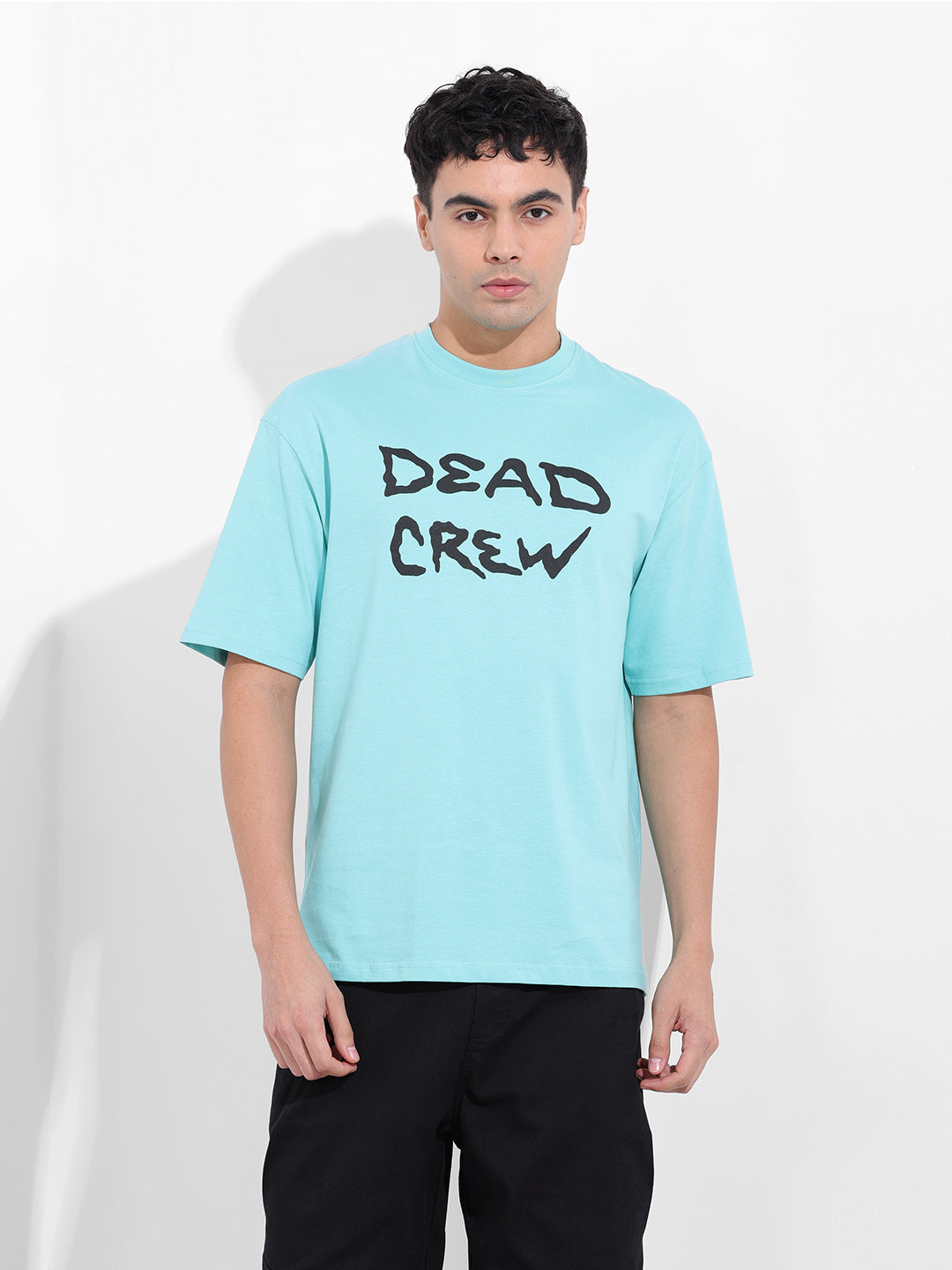 Men's Blue Boxy Oversized Graphic Back Printed Round Neck T-shirt