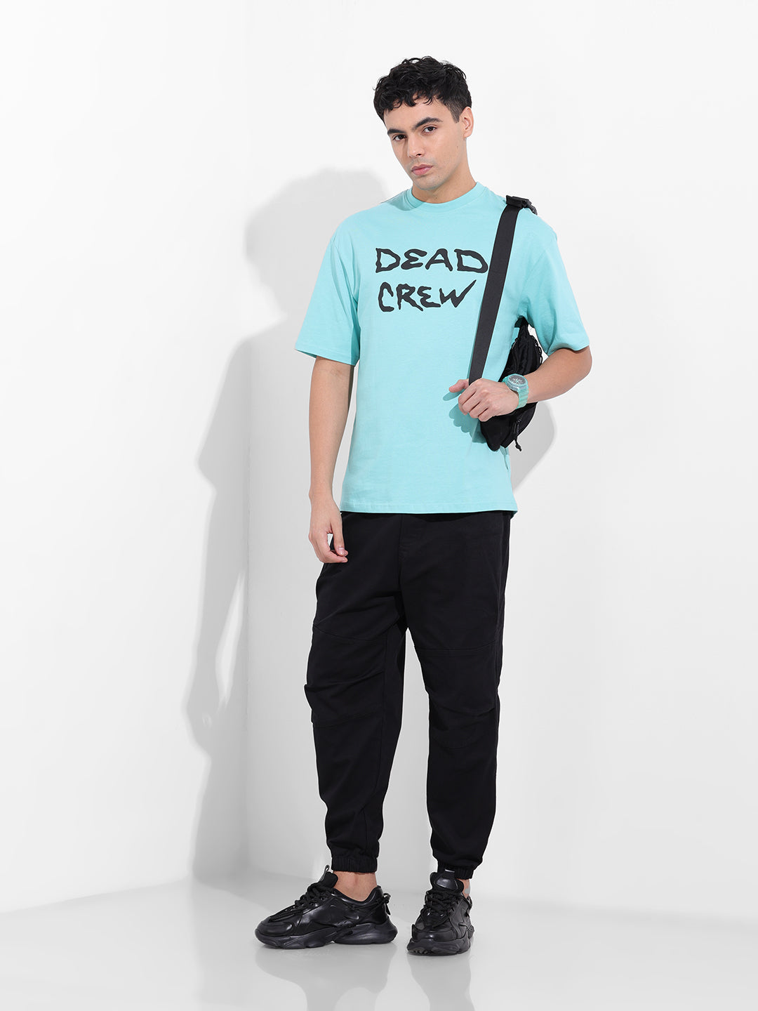 Men's Blue Boxy Oversized Graphic Back Printed Round Neck T-shirt