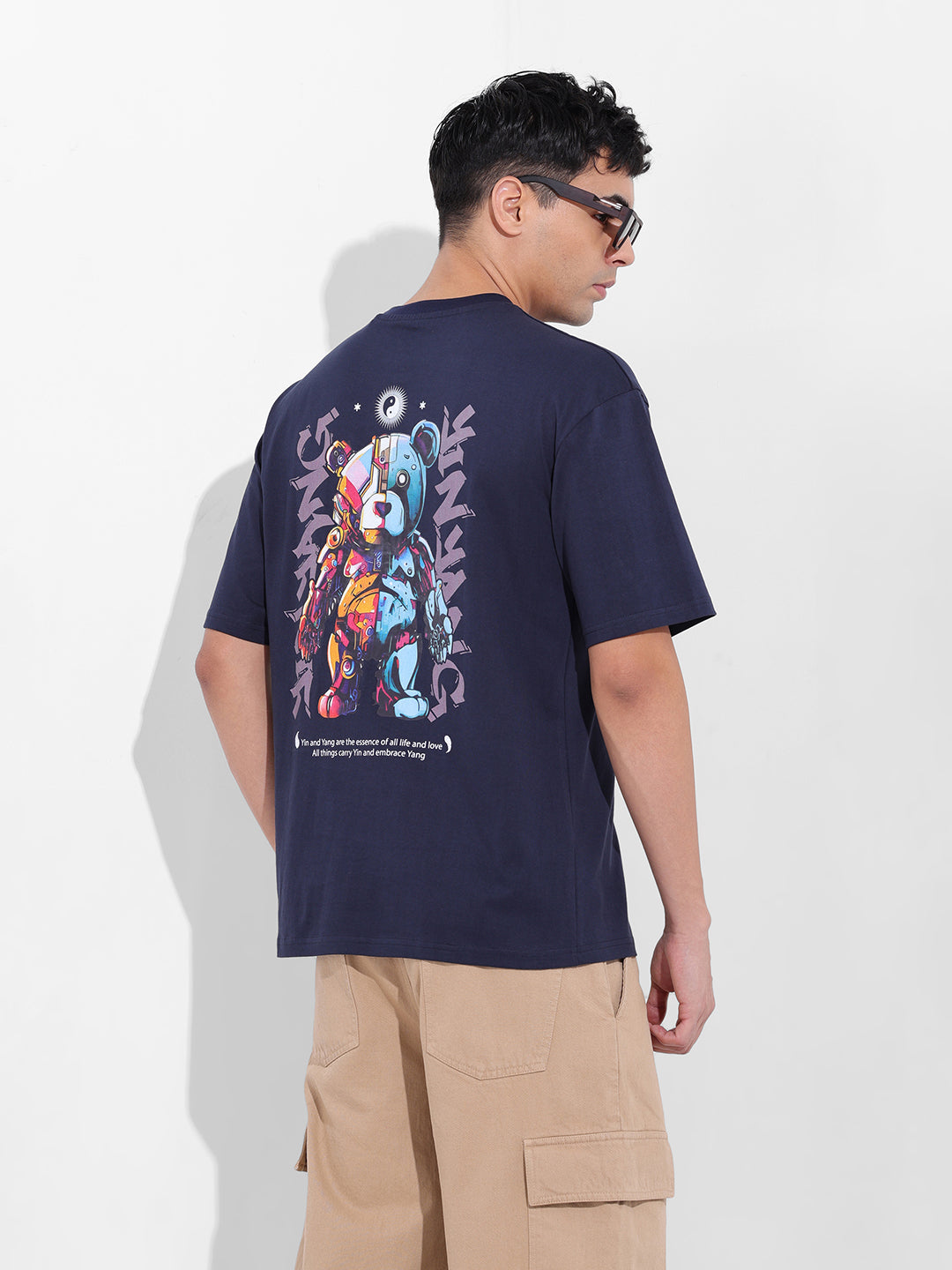 Men's Navy Boxy Oversized Graphic Back Printed Round Neck T-shirt